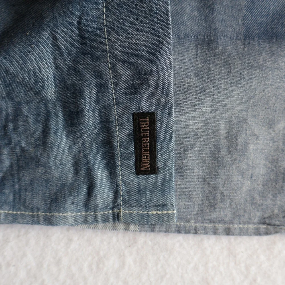 True Religion Mens Patchwork Chambray Denim Button Down Shirt Slim 3XL Blue